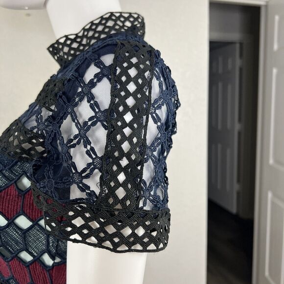 Renvy Size S Open Lace Fit and Flare Mini Dress Short Sleeve Red Navy High Neck - Picture 6 of 10